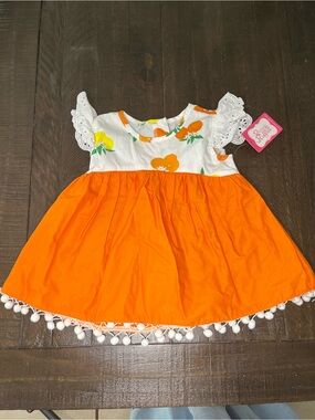 Ric Rac & Ruffles NWT 2t  Orange Floral Pom-Pom Casual Dress Eyelet Sleeves